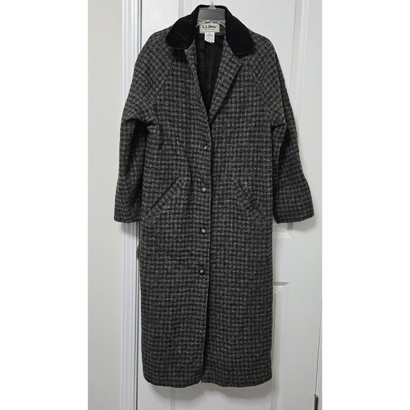 VTG L.L. Bean Wool Trench Coat Women's Med Gray Black Check Lined Velvet Collar - Picture 1 of 13